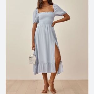 Reformation Meadow Smocked Bodice Slit Square Neck Puff Sleeve Midi In Mineral M